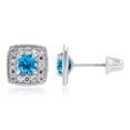 thumbnail image 2 of Decadence 14K White Gold 3mm Square Natural Swiss Blue Topaz December Birthstone Screwback Stud Earrings For Women | 6x6mm Earrings | 1mm Created White Sapphire Halo Screwback Earrings For Women, 2 of 5