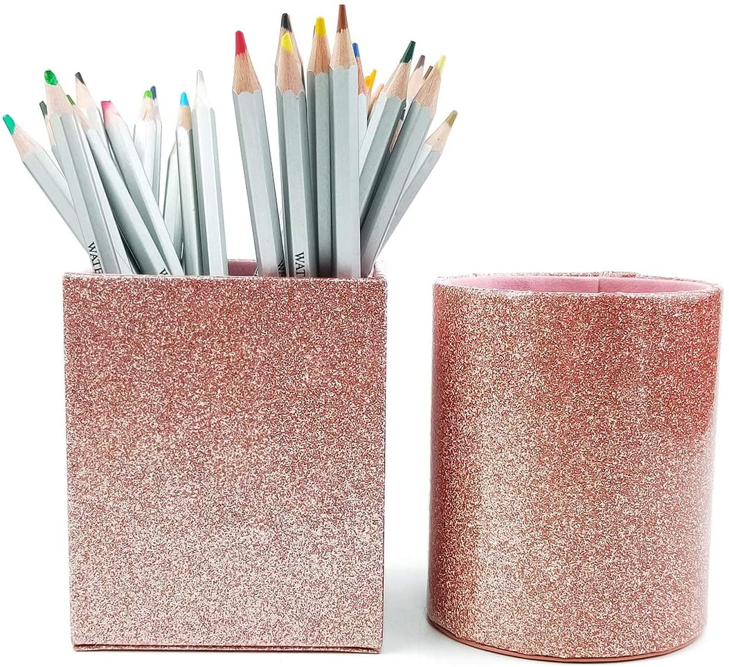 2 Pack Pink Glitter Pen Holder PU Sparkle Pencil Holder Girls Cute Pen ...