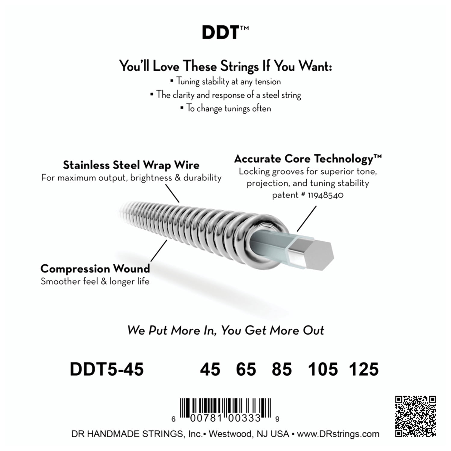 DR Strings DDT5-45 DDT™ Drop Down Tuning 5-String Bass Medium 45-125