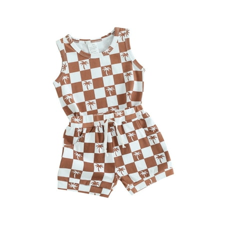 

Thaisu Toddler Boys Summer Shorts Sets Tropical Tree Checkerboard Print Tank Tops and Drawstring Shorts Sets
