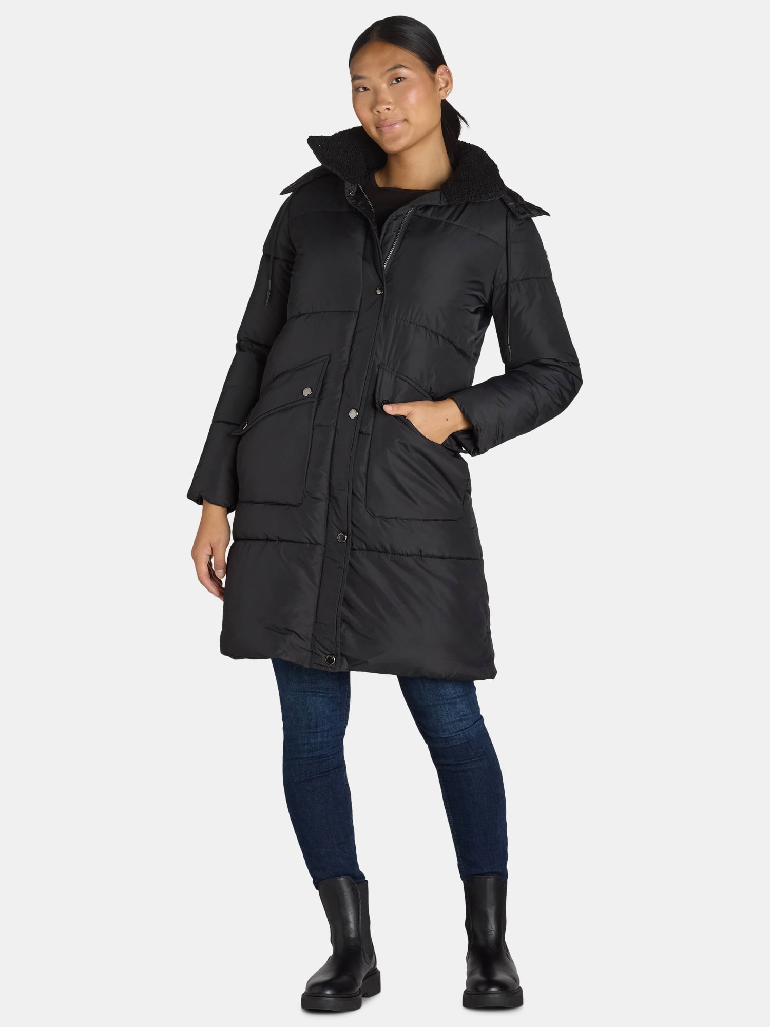 Big Chill Women's and Women's Plus Maxi Puffer Coat with Hood, Heavyweight, Sizes S-3X