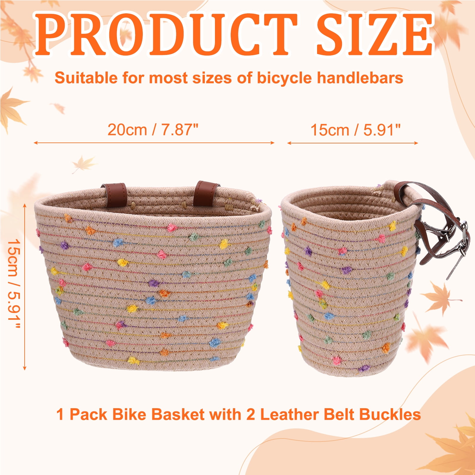 Uxcell Bike Basket, Cotton Rope Woven Colored Spots Bicycle Basket Adjustable Front Handlebar Baskets with 2 Leather Belt Buckles Light brown-Fitting For(Most Bikes/Tricycle/Scooters)