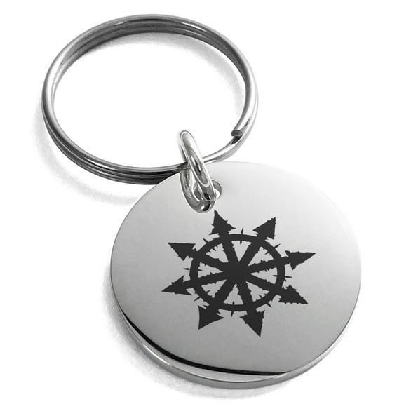 Stainless Steel Chaos Engraved Small Medallion Circle Charm Keychain Keyring