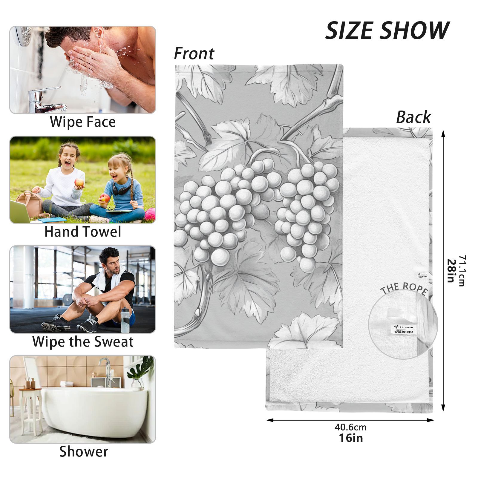 Gray Grapes Leaves Hand Towels Cotton Bath Towels Large Face Towels Absorbent for Bathroom 2 Packs