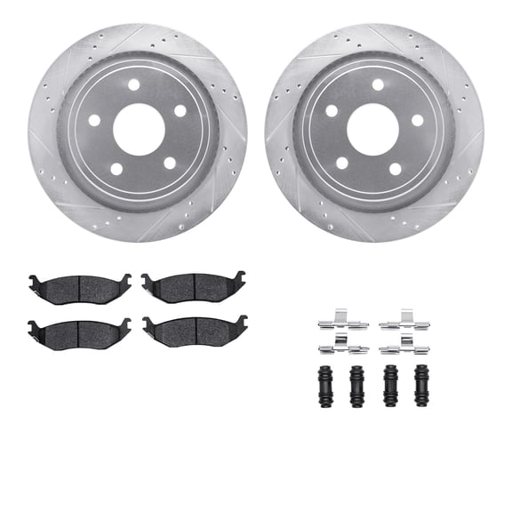 Dynamic Friction Company Rear Brake Rotors-Drilled and Slotted-Silver with Ultimate Duty Performance Brake Pads includes Hardware 7412-40011