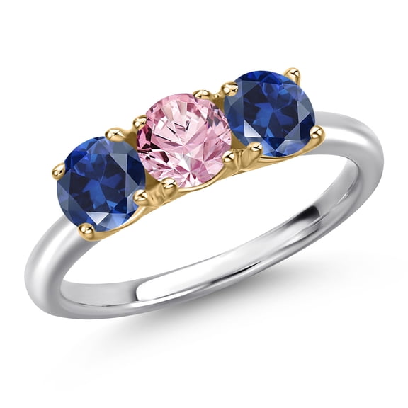 Gem Stone King 10K Two Tone Gold Pink Lab Grown Diamond and Blue Created Sapphire Engagement Ring for Women | 1.70 Cttw | Round 5MM | Gemstone April Birthstone | Size 6