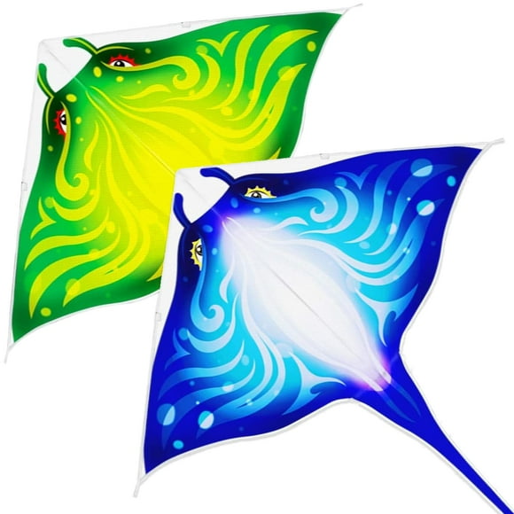 Mint's Colorful Life 2 Pack Devil Fish Kite for Kids Adults Easy to Fly Delta Kite Single Line Large Kite Handle Include (Blue&Green)