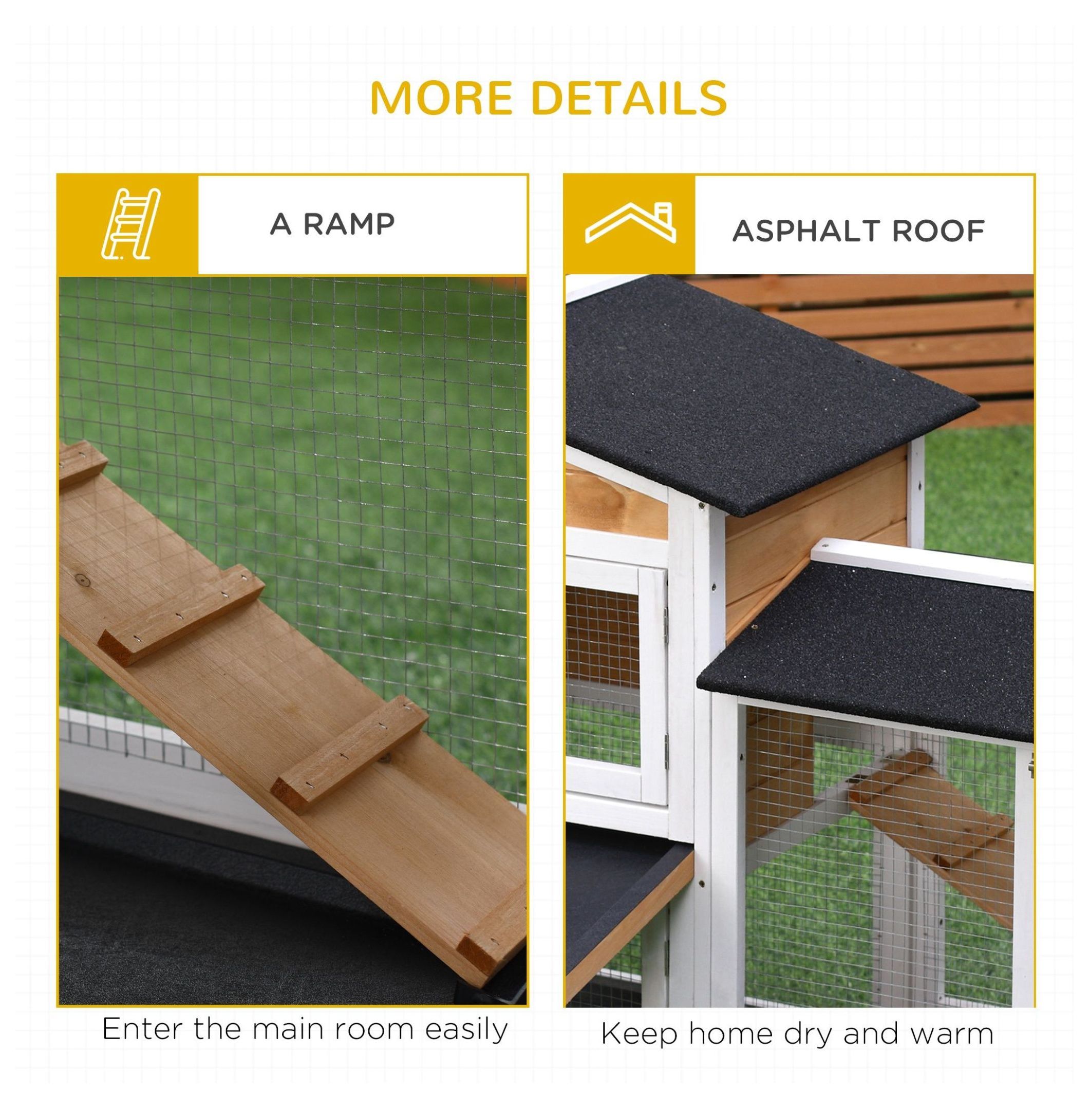 Outdoor Rabbit Hutch 2-Story Wooden Bunny Cage with Ramp Weatherproof Roof Yellow