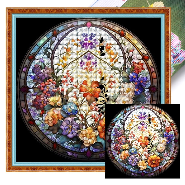 Hilo Algodón Ecológico Bordado 11CT 3 Hebras Impresión 40x40cm Pintura Vidrio Kit Serie Flores Punto Cruz