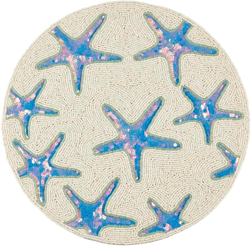 Fennco Styles Beaded Nautical Starfish Placemat 15" Round, 1-Piece - Aqua Handmade Coastal Table Mat for Home Décor, Family Gatherings, Birthdays and Special Events