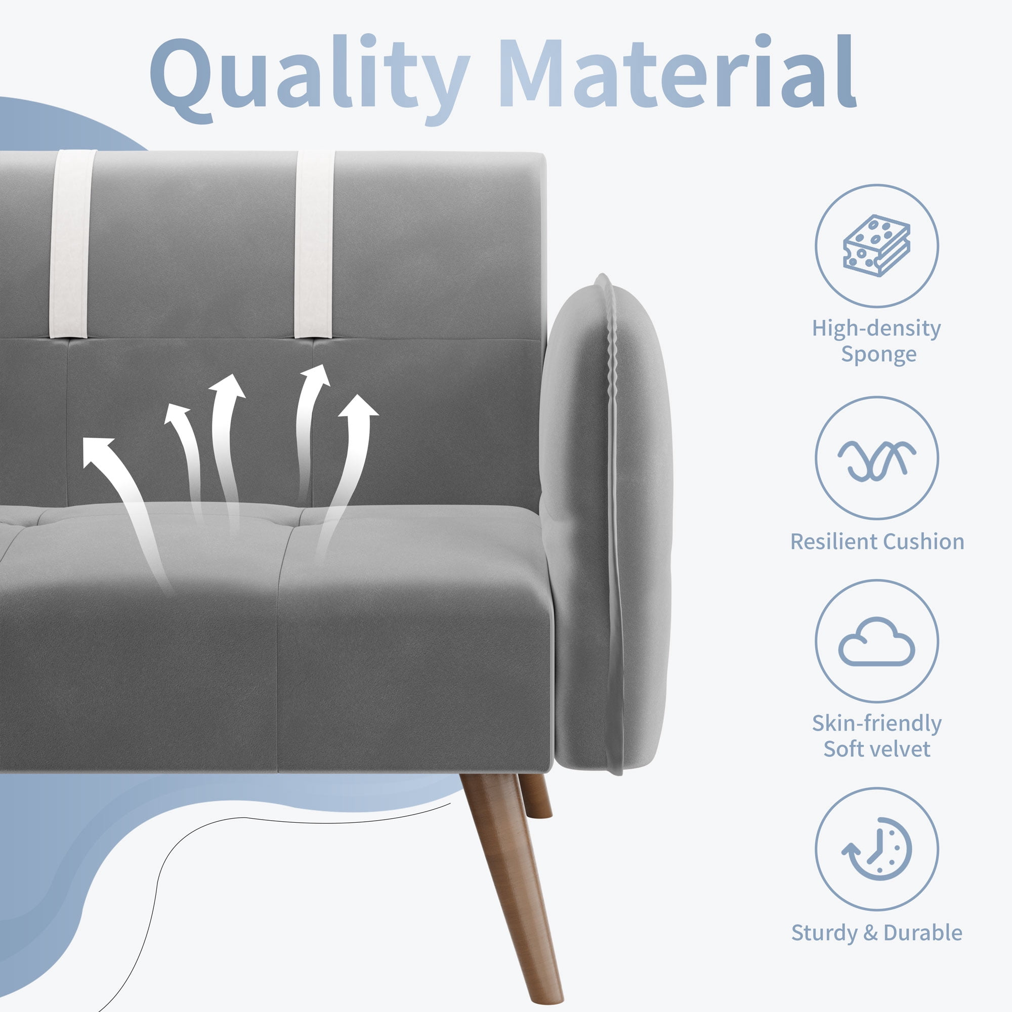 Walsunny 79" Velvet Futon Couch Sofa Bed, Folding Sleeper Loveseat with Adjustable Armrests Backrest Light Grey