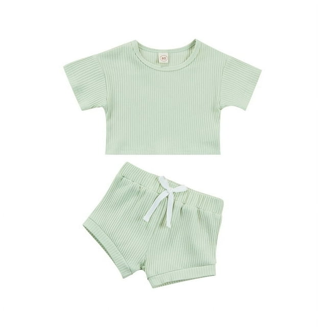 Infant Baby Ribbed Knitted Clothes Set Solid Color Short Sleeve Tops+Shorts Outfits Summer