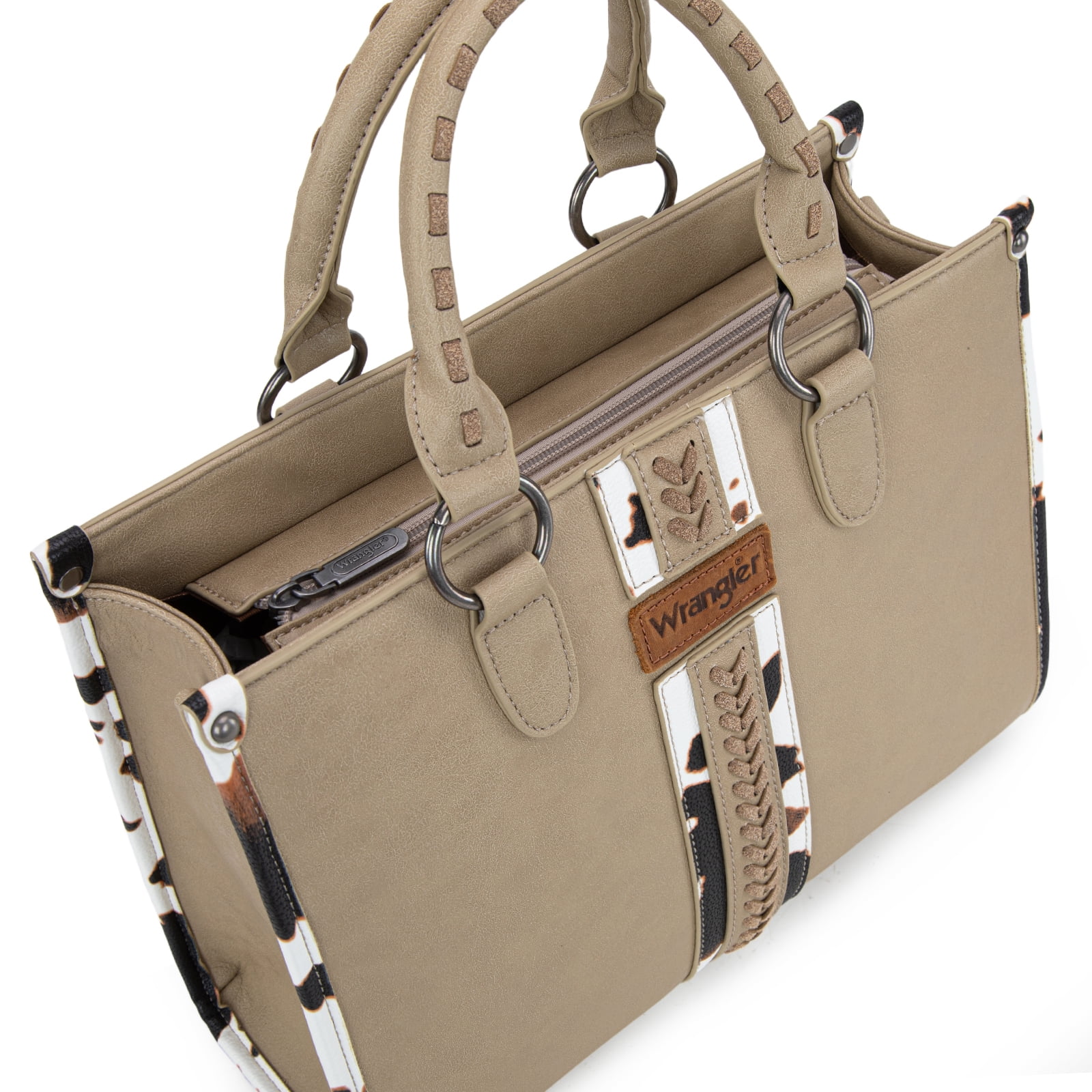 Wrangler Cow Print Tote Bag for Women Western Purse Boho Top Handle Satchel Handbag, Cow-Khaki