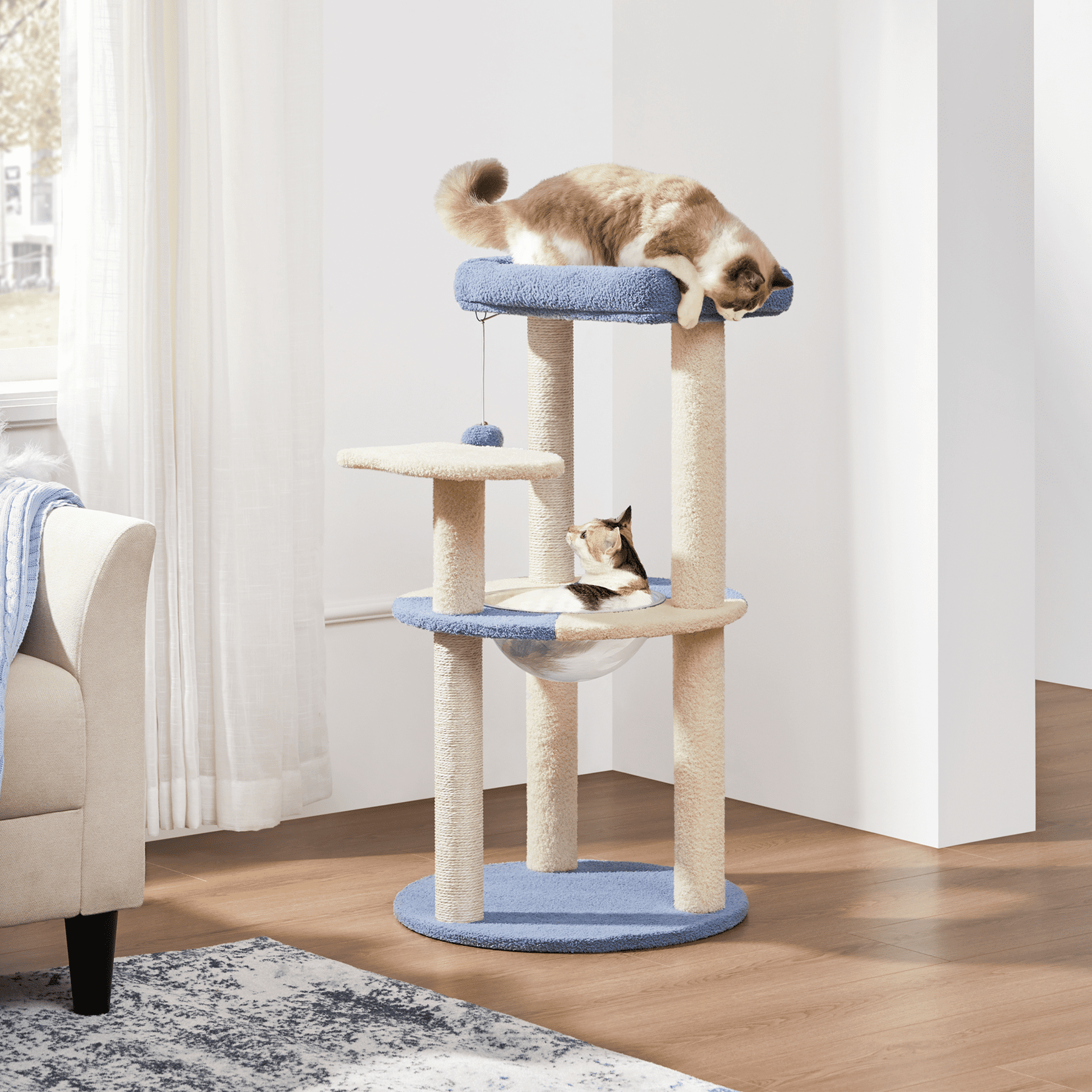 Yaheetech 35.6″ Tall Ocean Cat Tree with Detachable Clear Bowl, Blue/Beige