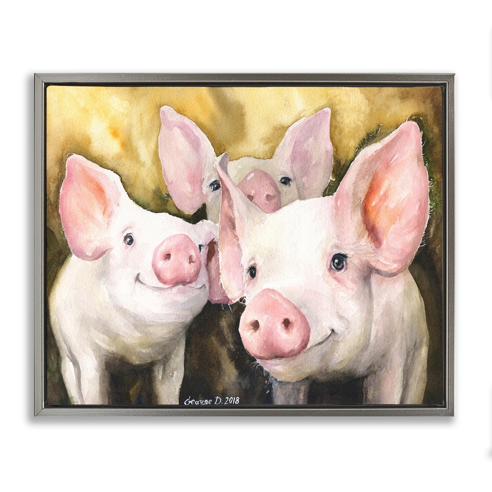 Stupell Industries Baby Pigs Animal Yellow Watercolor Painting Luster Gray Framed Floating Canvas Wall Art, 16x20, by George Dyachenko