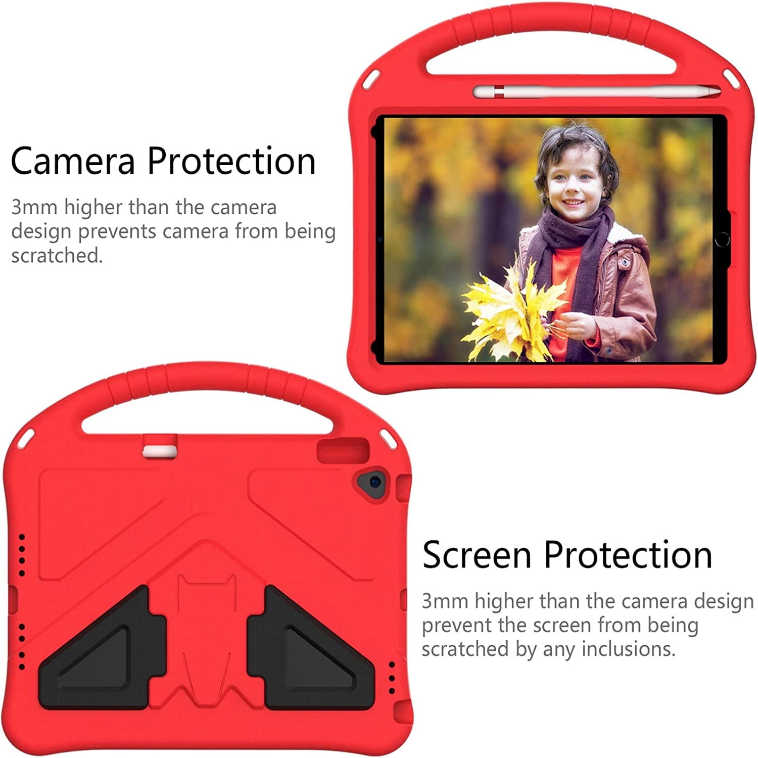 Allytechgroup Kids Case for iPad 9th/8th/7th Generation iPad 10.2 inch 2021/2020/2019 with Kickstand/Handle Stand/Pencil Holder [1x Screen Protector] Shockproof Cover for Boy Girl Children, Red