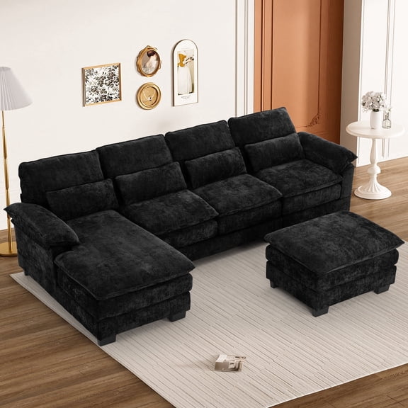 Rophefx 113" U Shaped Modular Sectional Sofa 4 Seat Chenille Cloud Couch Sofa with Chaise,Ottoman&Deep Seat for Living Room,Light Black