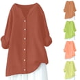thumbnail image 1 of Top de tallas grandes,Blusa de lino con cuello en V para mujer, manga larga, suelta, con botones delanteros, tejido de mezcla suave, ideal para uso informal en casa, sopatenor, 1 of 9