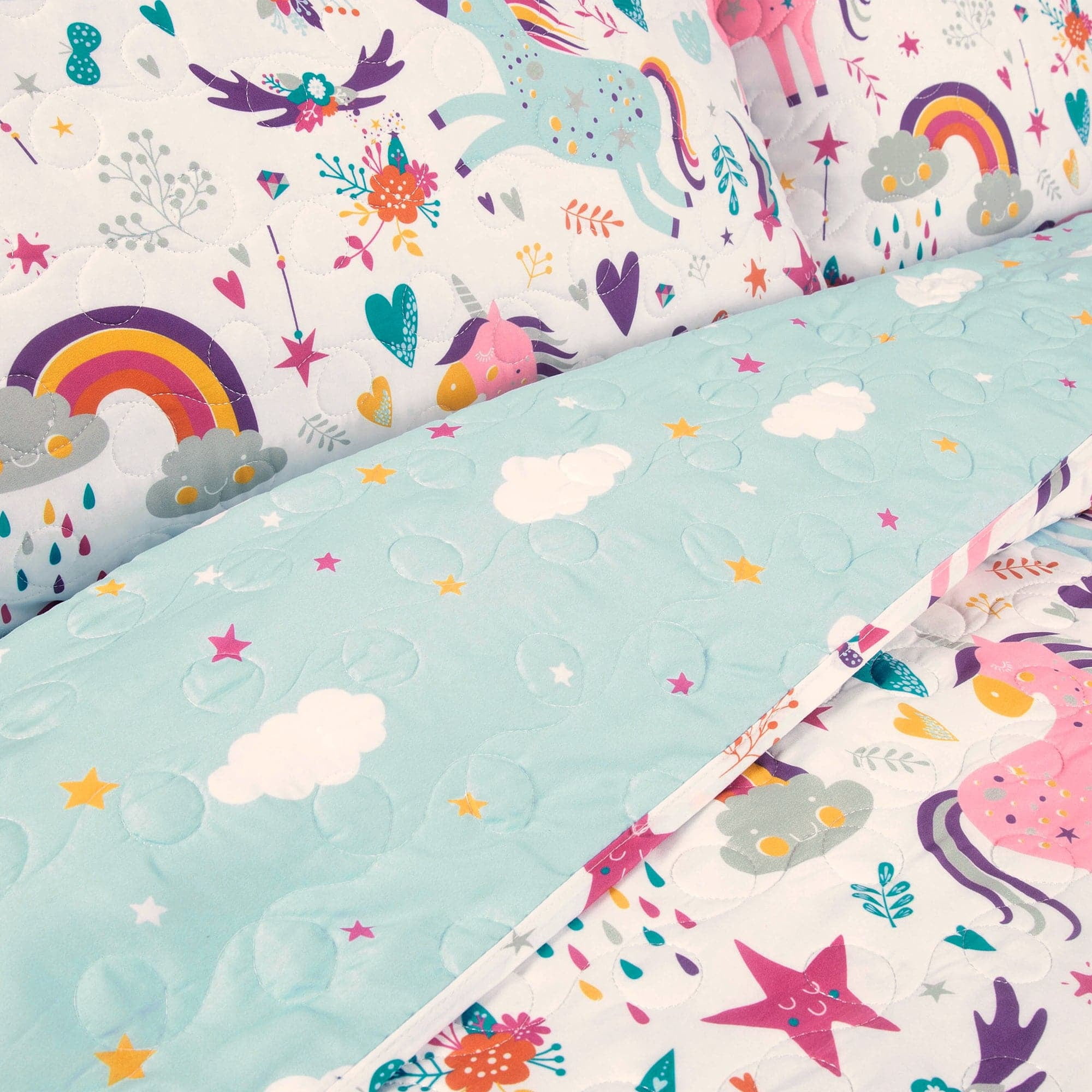 Lush Decor Unicorn Heart Kids Animal Print Polyester Reversible Quilt, Full/Queen, Navy/Multi, 5-Pc Set