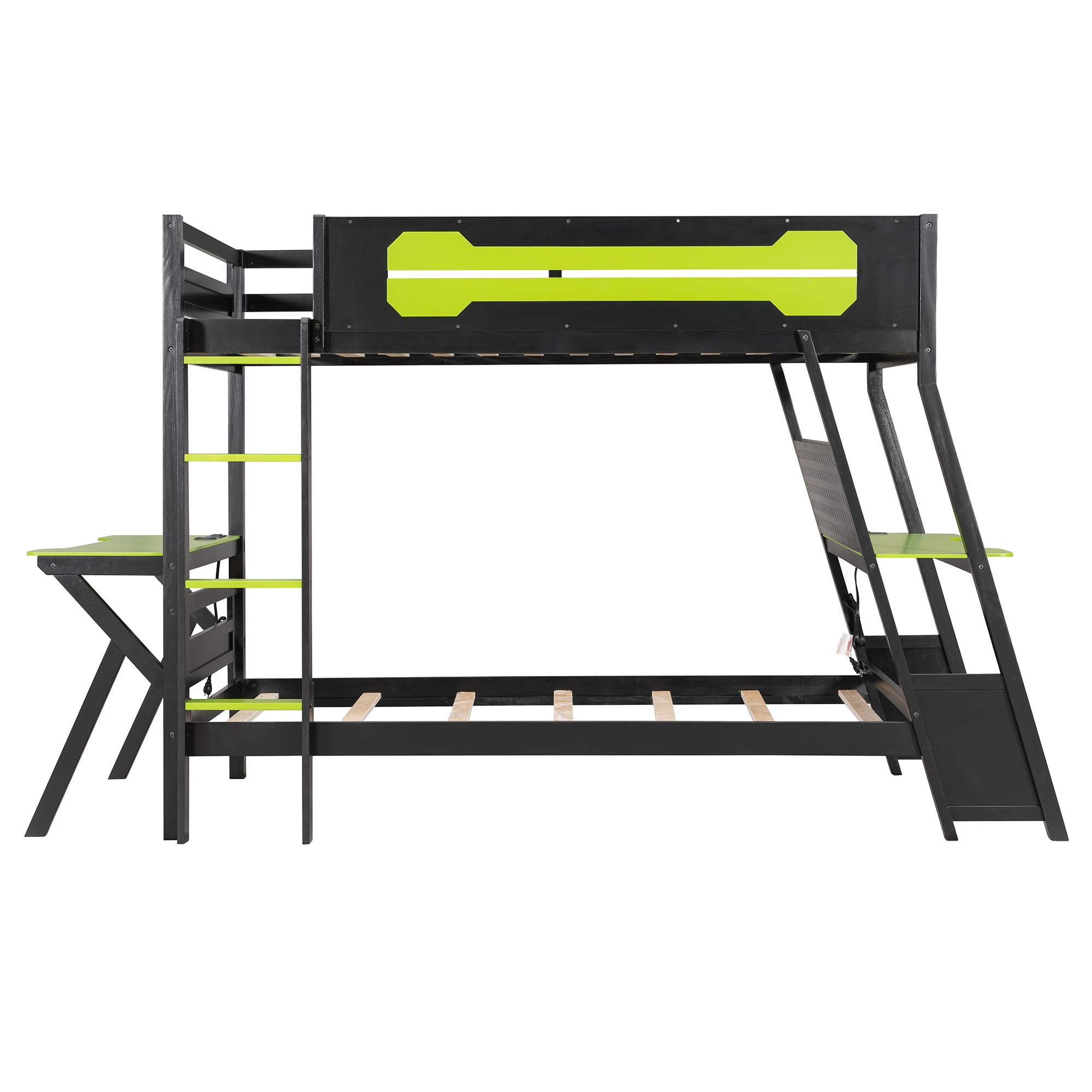 Mintazer Twin Over Twin Gaming Bunk Bed with Dual Desks, E-Sport Bunk Bed with USB Desktop Ports & Pegboard Storage for Bedrooms Dorm, Green