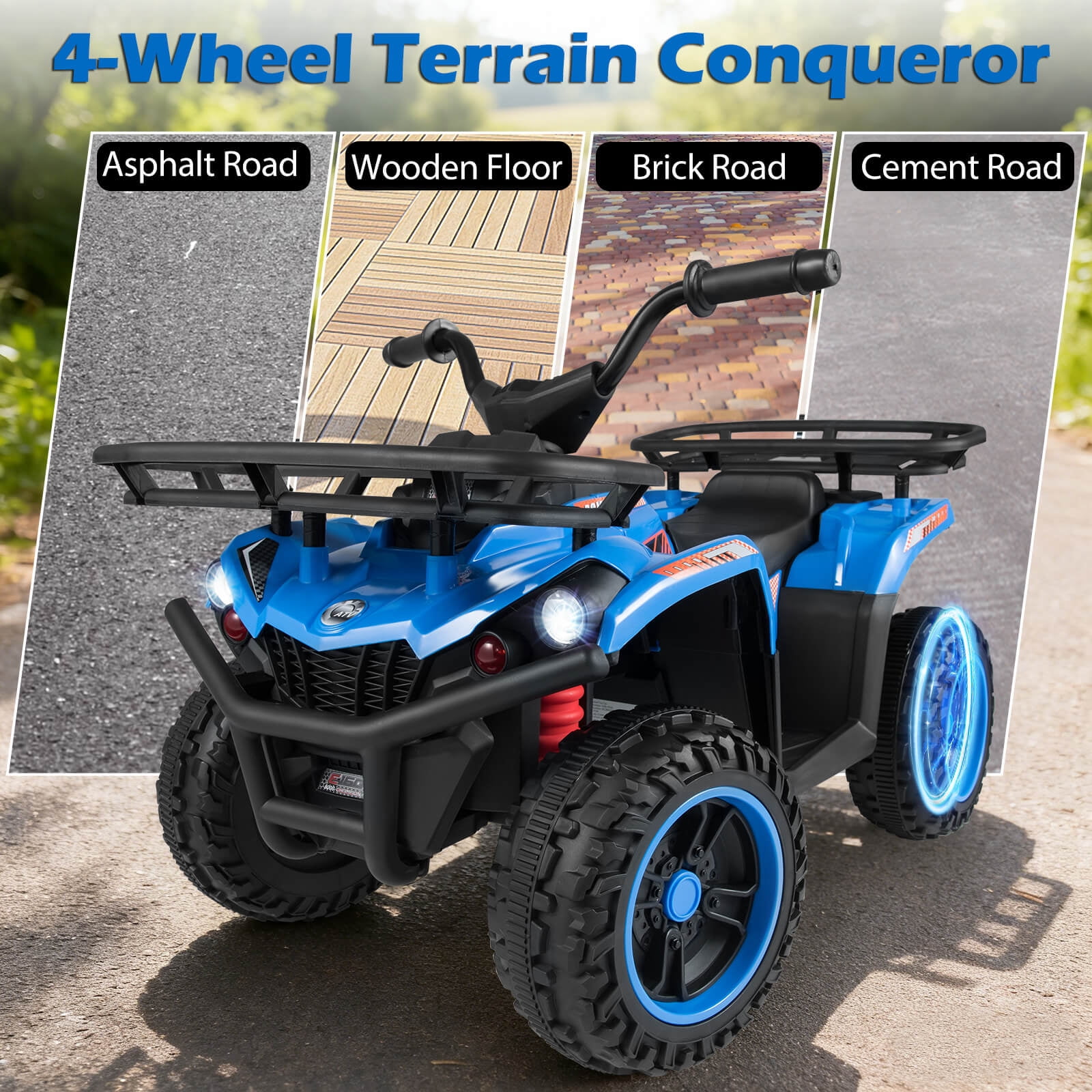 Costway 24V 4-Wheeler Ride on Toy with Slow Start, Songs, Stories, Tunes, MIC/SD/USB Port Blue