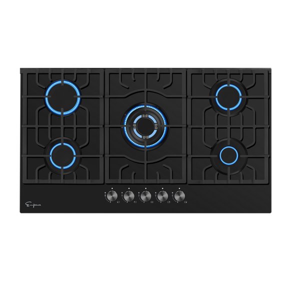 Empava 36" Gas Stove Cooktop with 5 Italy Sabaf Sealed Burners NG/LPG Convertible(36GC27) in Black Tempered Glass