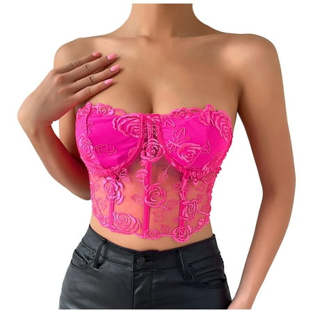 

MPWEGNP Women s Lace Mesh Rose Tube Top Comfortable And Breathable With Steel Ring Vest Coastal Bandeau Tie Top