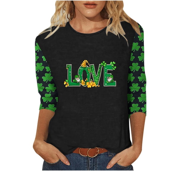 Cagogo Ladies Loose Fitting St Patricks Day Tshirts Shirts Summer Basic Tops 3/4 Length Sleeve Irish Shamrock Clover Lucky Green Crewneck T Shirts Going Out White Blouses Clothes