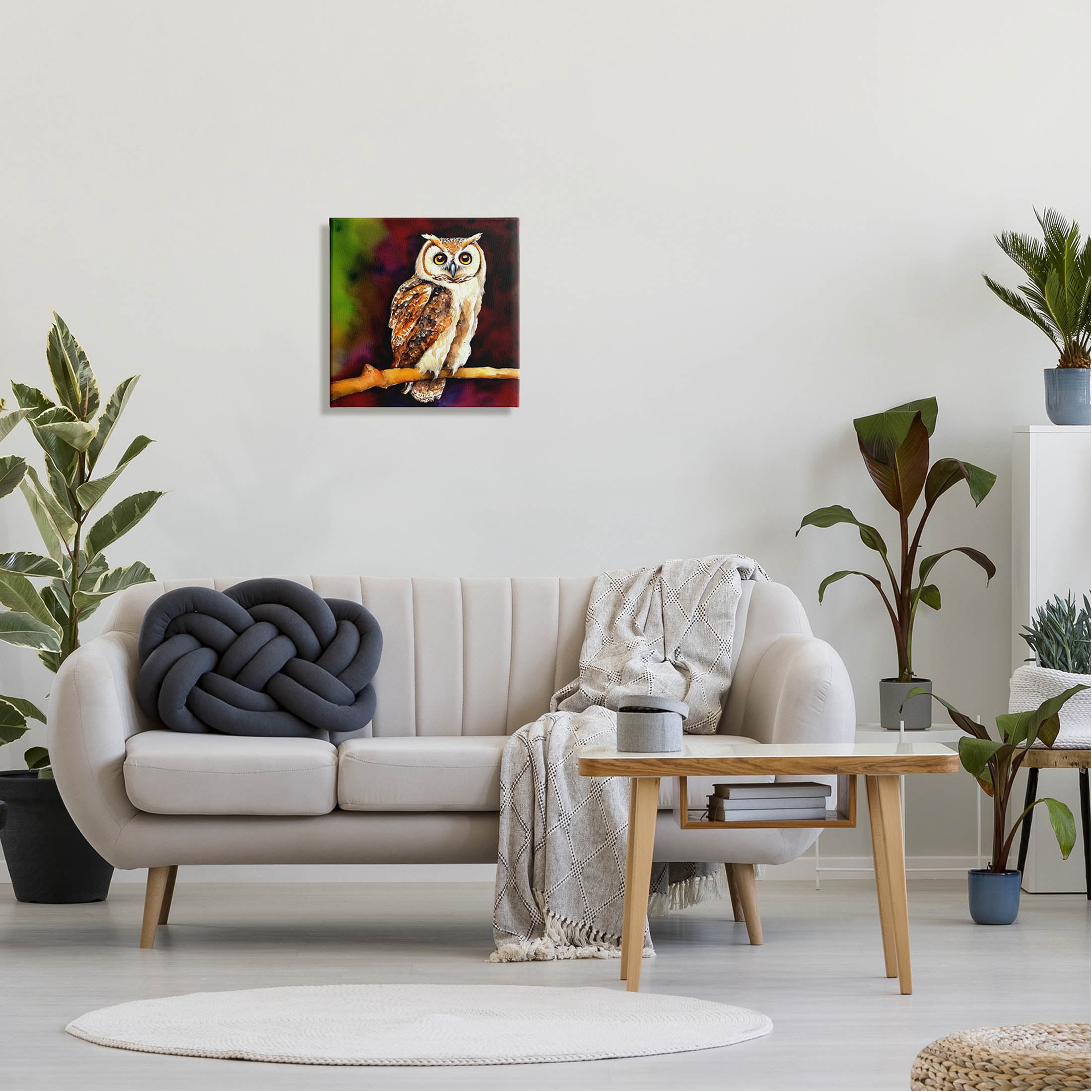 Intense Owl Gazing Perched Animals & Insects Painting Gallery Wrapped Canvas Print Wall Art