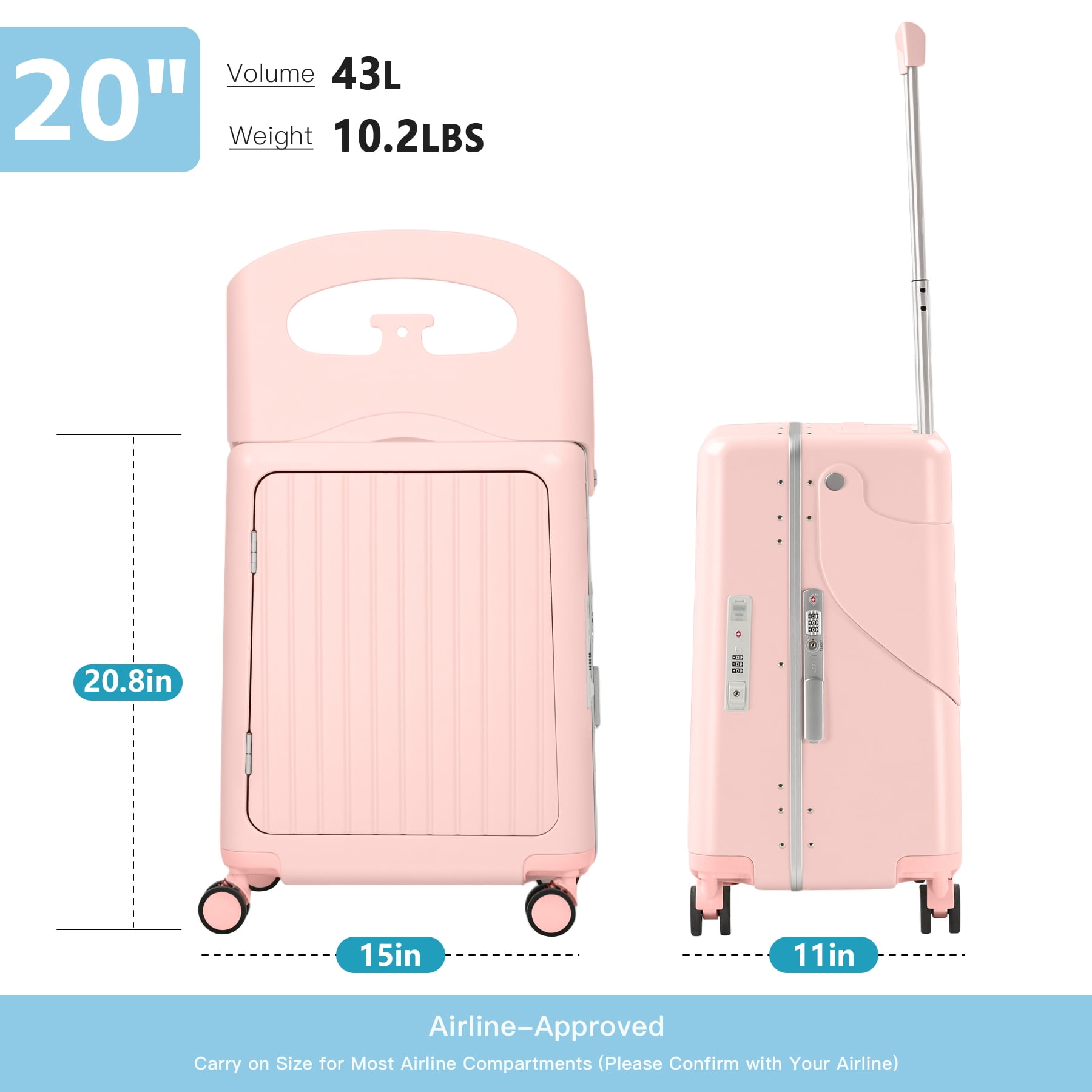 Advwin 20" Ride-On Suitcase for Kids & Adults, Hardshell Carry-On Luggage w/ Child Seat, Front Opening, USB Port, TSA Lock, 4 Spinner Wheels for Travel, Pink
