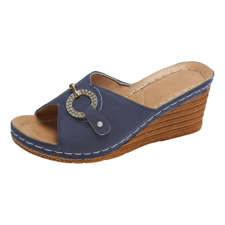 

NOKIO Wedge Sandals for Women Open Toe Wedge Heels Womens High Heel Sandal Round Toe Heeled Wedge Sandals Wood Grain Slip on Wedge Mules Hollow Casual Slippers