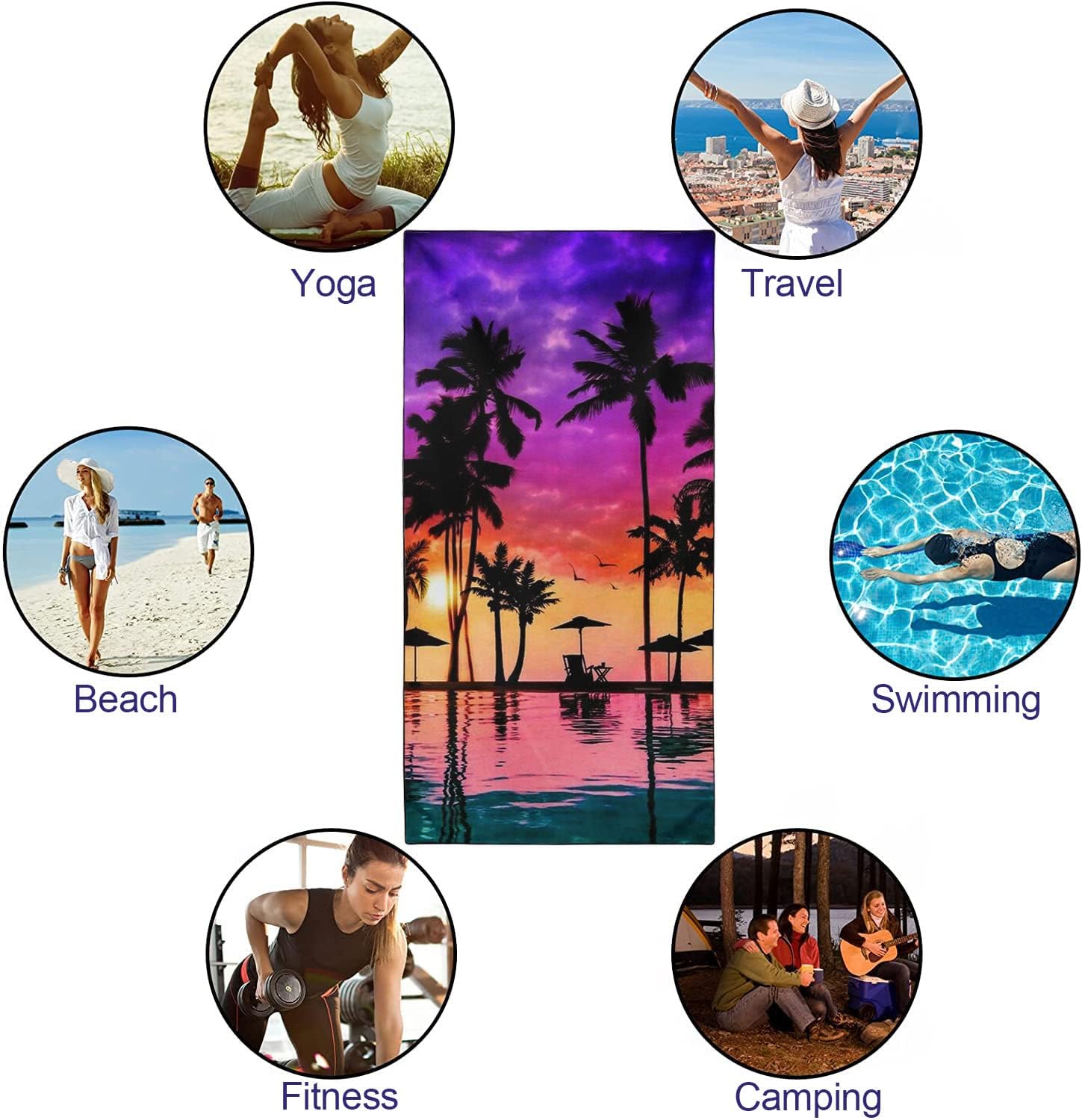 Oversized Beach Towel Quick Dry Sand Free Lightweight Microfiber Beach Towels for Swim Pool Camping Travel, Seaside Sunset Coconut Palm Trees, 36"x72"