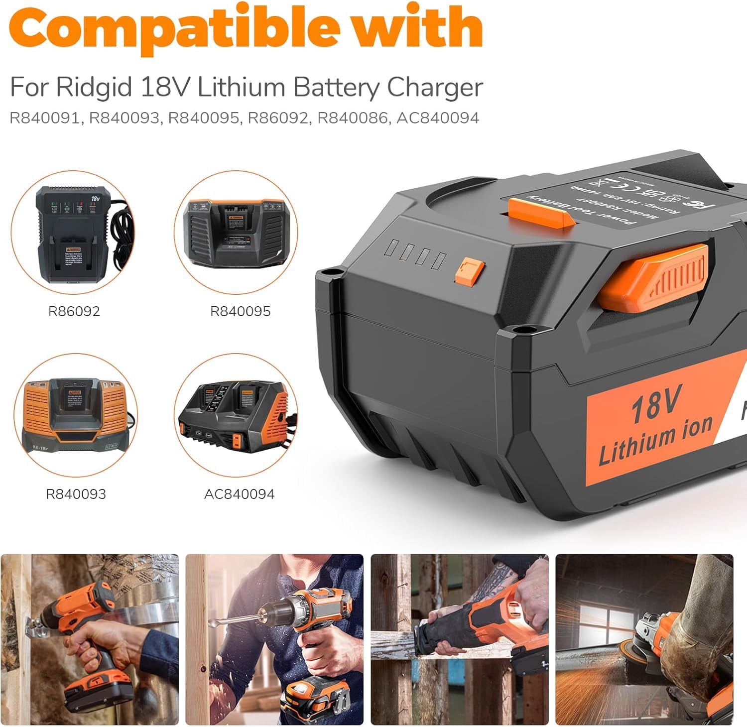 Upgraded 8.0Ah Replacement for Ridgid 18V Battery Ultra-High Capacity Compatible with Ridgid 18Volt Battery R840083 R840085 R840086 R840087 R840089 AC840085 AC840086 AC840087P AC840089 2Pack