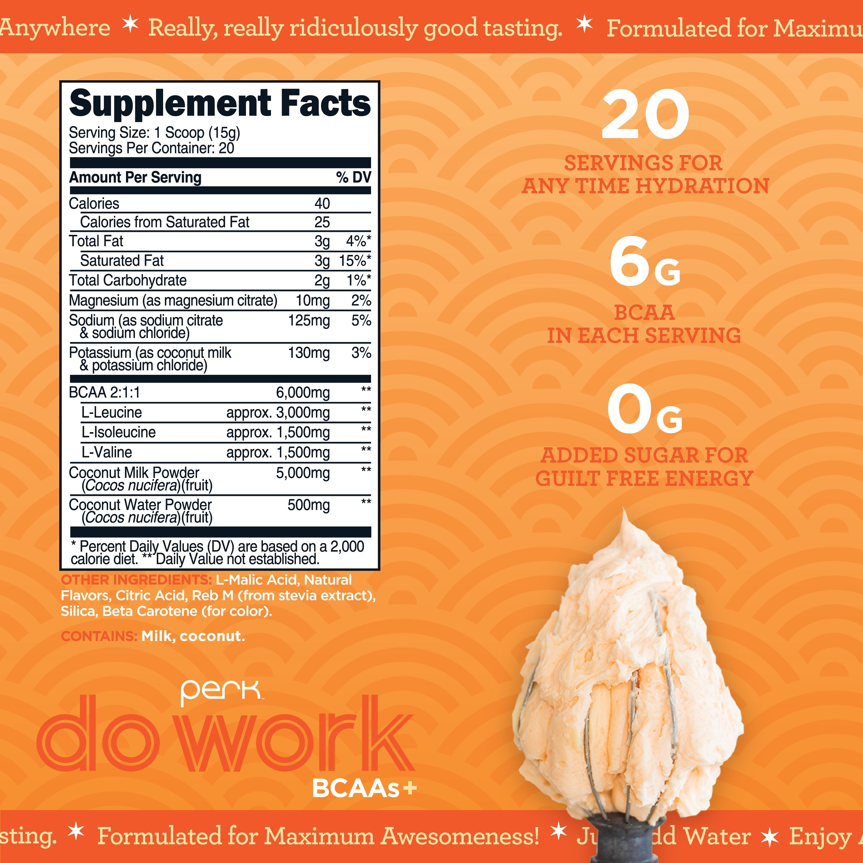 Perk Do Work Naturally Sweetened BCAA + Hydration Electrolytes Powder (Peach Buttercream) 20 Servings - with Coconut Water & Coconut Milk, Gluten-Free