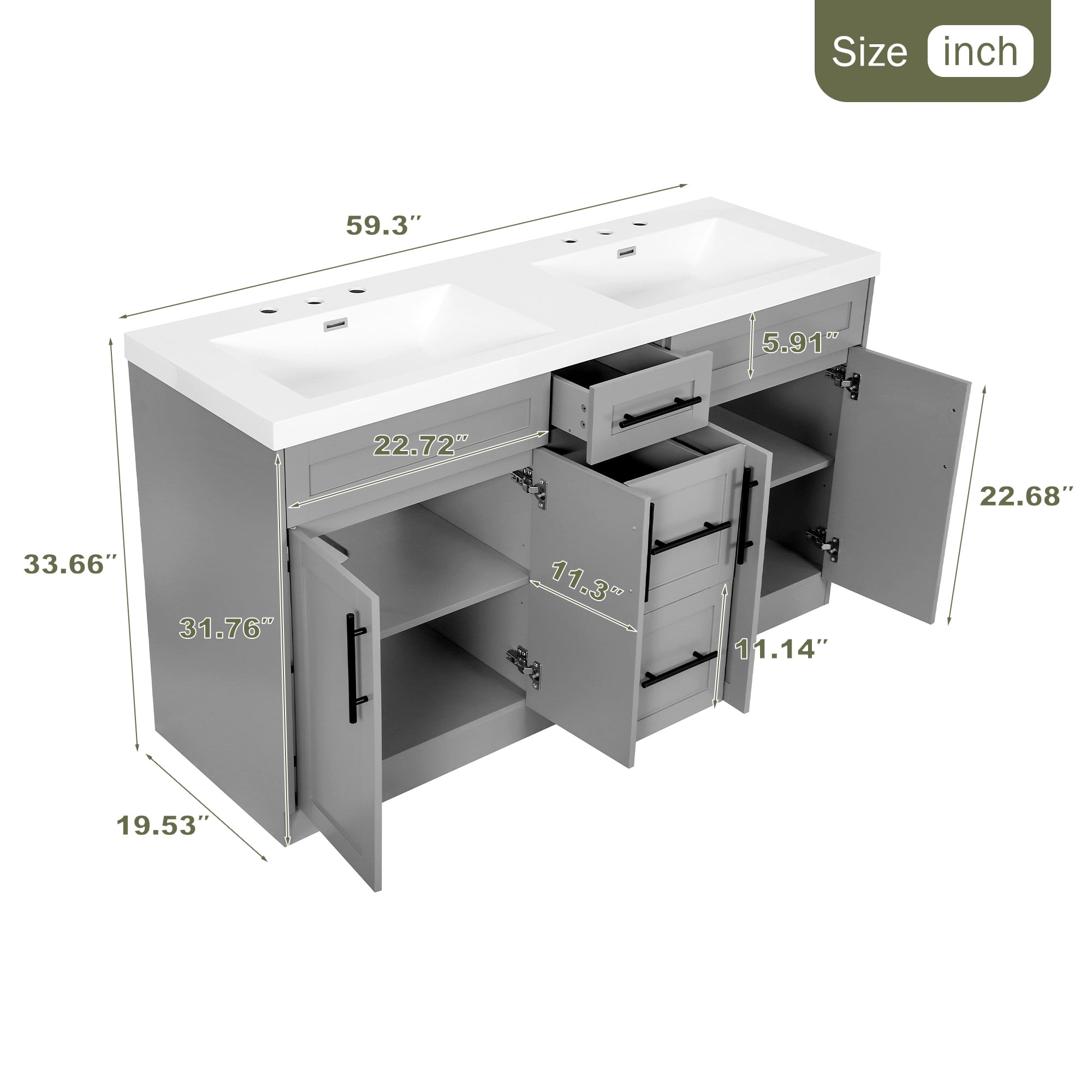 Harper & Bright Designs 59.3'' Large Bathroom Vanity with Double Sink, Free Standing Single Basin Vanity Set with Drawers and Door, Bathroom Sink Storage Cabinet, Gray