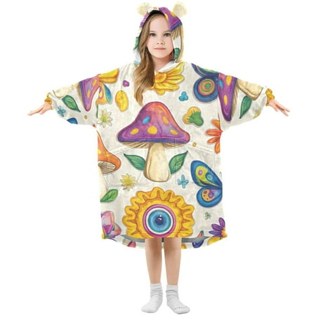 

joogoo Wearable Blanket Hoodie for Kids Carton Magic Mushrooms Flower Flannel Oversized Sweatshirt 3-14 Years M