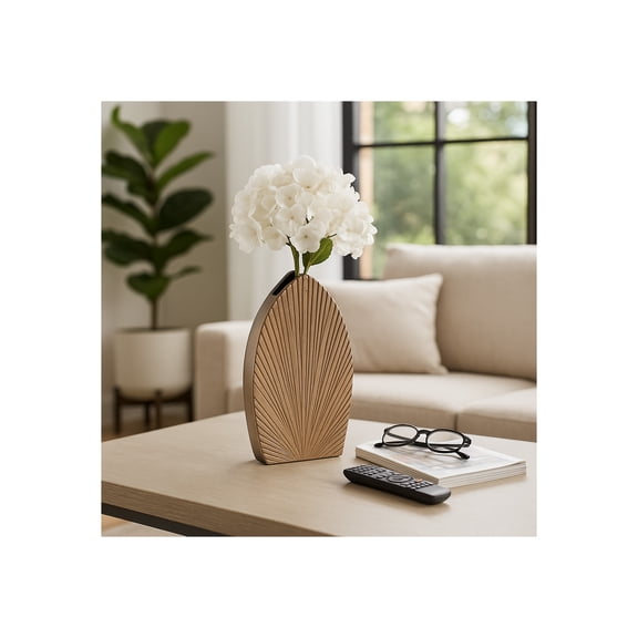 Elegant Ribbed Metal Vase for Living Room Decor - Decorative Flower Vase for Bedroom, Office, and Home Decor - Stylish Sculptural House Vase for Room, Tabletop, or Centerpiece Accent - 12", Champagne