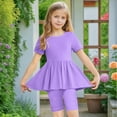thumbnail image 3 of Toddler Kids Girls Two Piece Set, Cute Solid Color Loose Soft Short Sleeve Dress Long Tops Yoga Leggings Shorts Suit Two Piece Set Purple 6Y, 3 of 8