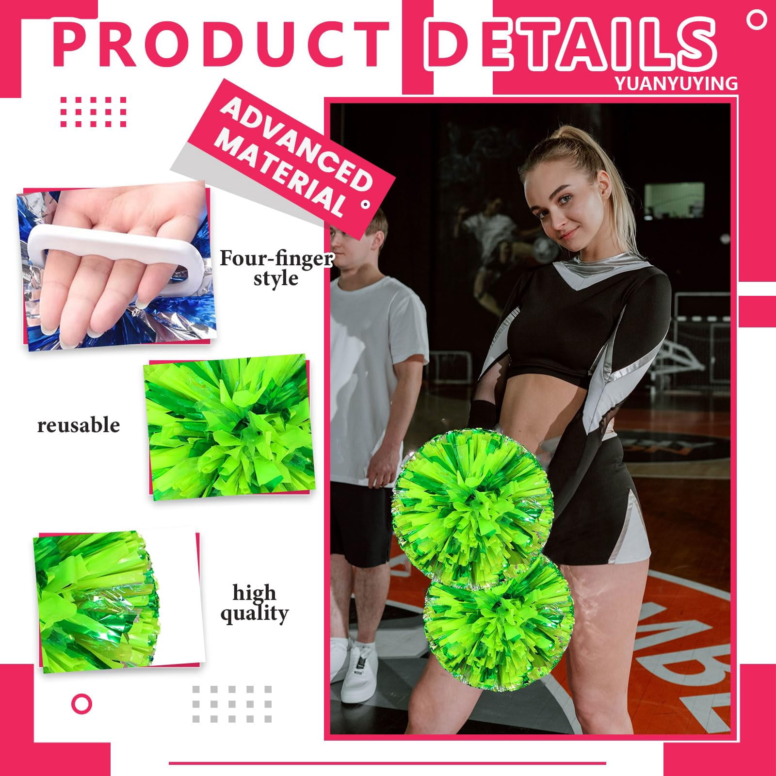 Cheerleading Pom Poms 18 Pcs, with Four Finger Handle Cheerleading Handheld Squad Pompoms for Sports Team Cheer Spirit Games Dance Party Adults