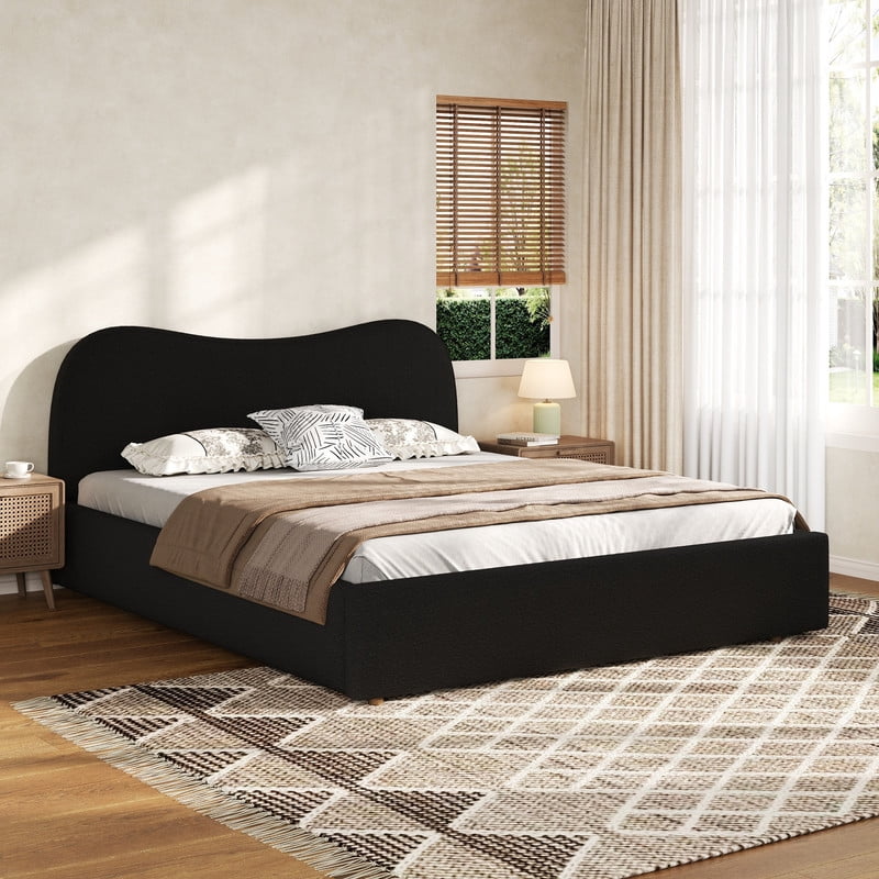 Queen Size Boucle Upholstered Platform Bed with Wooden Slats, Short Legs Low-Profile Bed Frame with Curved Headboard