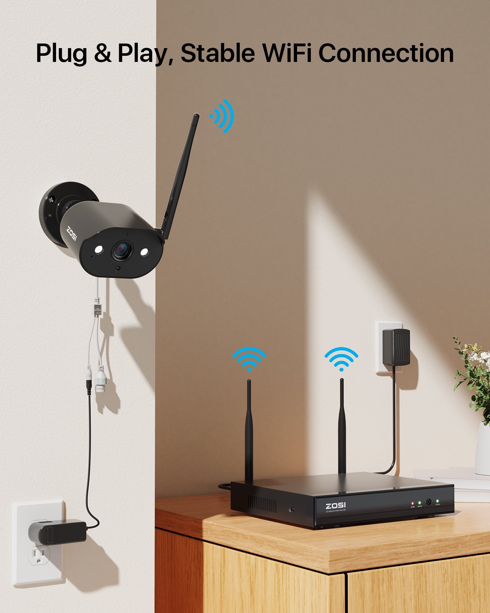 3MP Wireless Wi-Fi Security Camera System with 2 Way Audio, ZOSI 2K 8CH WiFi 6 NVR, 8PCS Outdoor WiFi Camera with Color Night Vision, AI Detection, 2TB HDD for 24/7 Recording, Smart Home Security