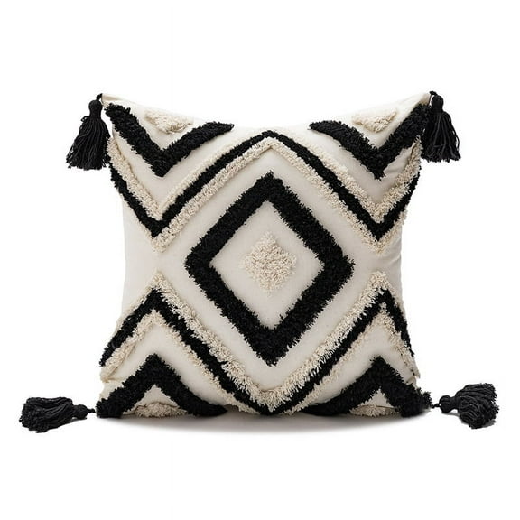 Namzi Boho Tufted Decorative Throw Pillow Cover, Cozy Bohemian Cotton Canvas Cushion Cover Tassels Pillow Case Home Decor 18*18inch,Black