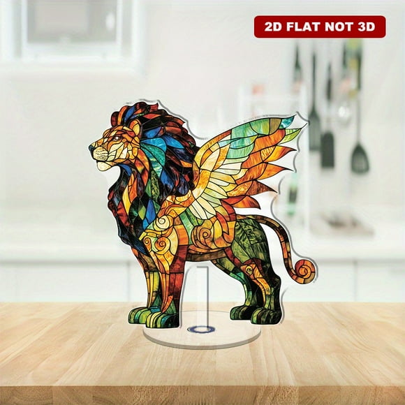 Rotating acrylic display featuring a mythical winged lion adorned with jewel-toned glass and intricate details against a pure white background