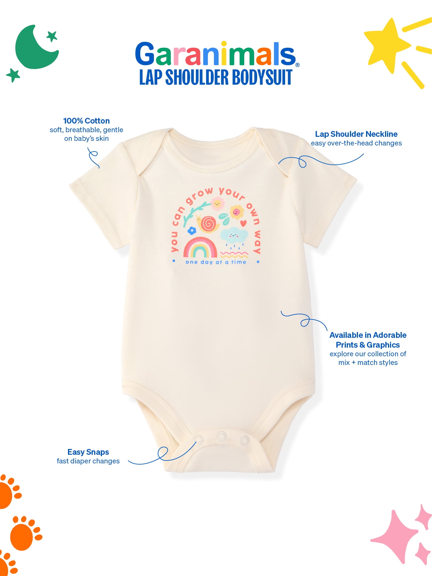 Garanimals Newborn & Baby Girl Cotton Lap-Shoulder Short-Sleeve Bodysuit, Sizes 0–24M