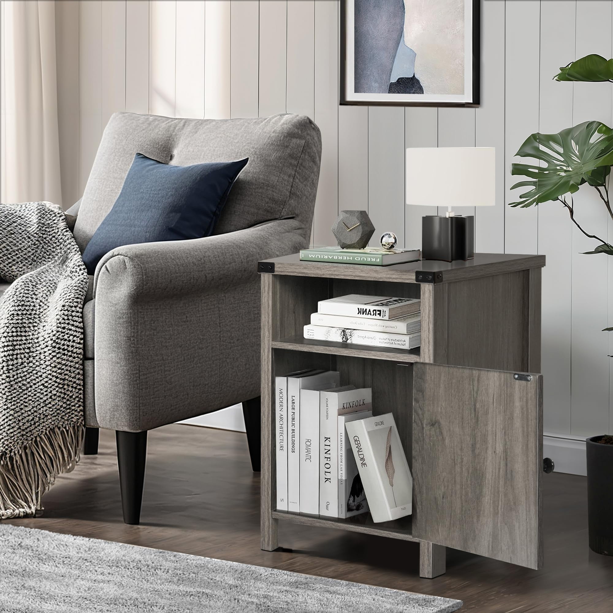 4 EVER WINNER Farmhouse Barn Door Side Table Set of 2, Rustic Gray End Table with Barn Door Storage, Bedside Table for Bedroom Living Room