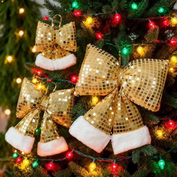 Bows For Christmas Tree,Christmas Bows Decorations,Christmas Bow Sequin Bow Creative Wreath Bow Luxury Xmas Tree Ribbon for Xmas Hanging Decor Indoor Outdoor Holiday Decor (Golden, L)