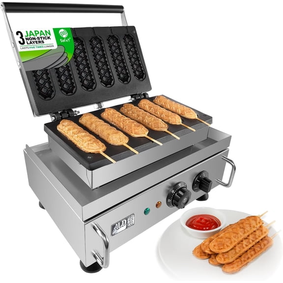 Corn Dog Waffle Maker for Commercial Use | 6 Hotdog Waffles on a Stick | Stainless Steel | 110V (6 Hot Dogs)