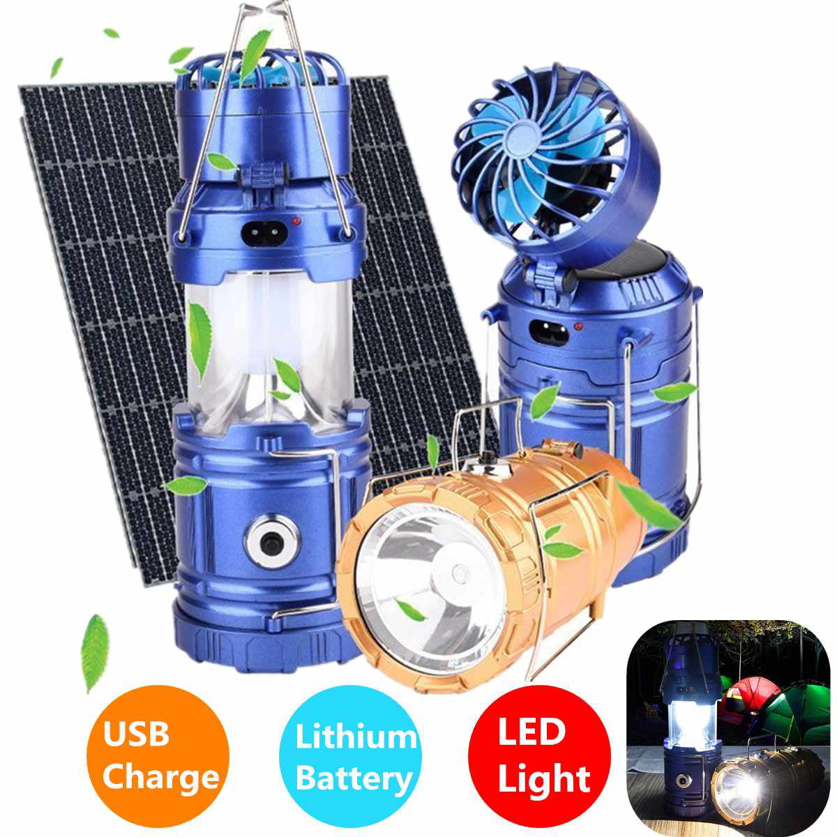 Solar Rechargeable Fan Multi-function LED Camping Light Tent Lamp Flashlight USA 