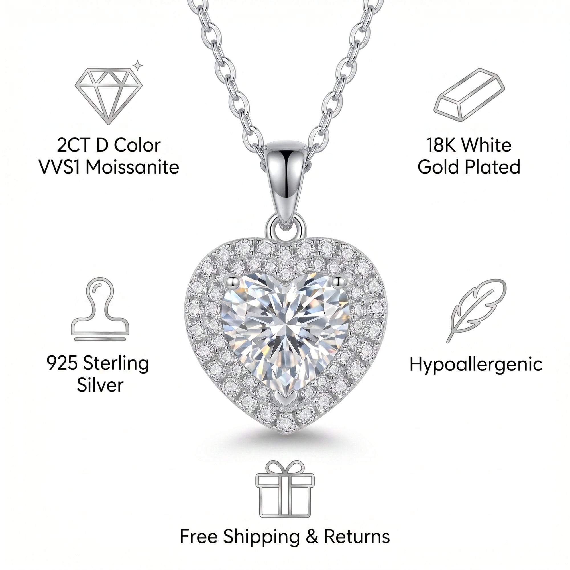 Moonelle Moissanite Heart Necklace for Women, 2 Carat Heart Pendant in 925 Sterling Silver, White Gold Plated, Gift Jewelry