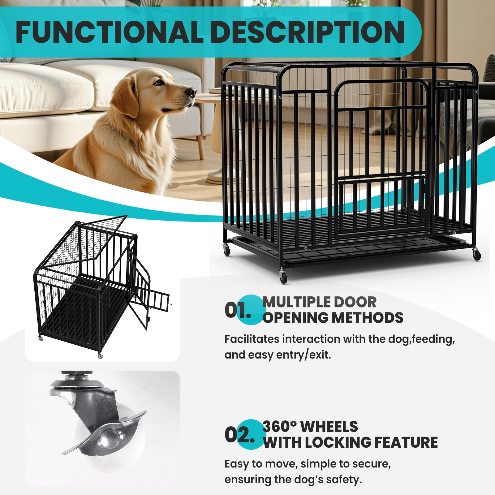 43.5 Inch Heavy Duty Dog Crate Kennel with Wheels, 200lbs Capacity, Escape Proof Dog Cage,Dog Crates with Removable Plastic Tray